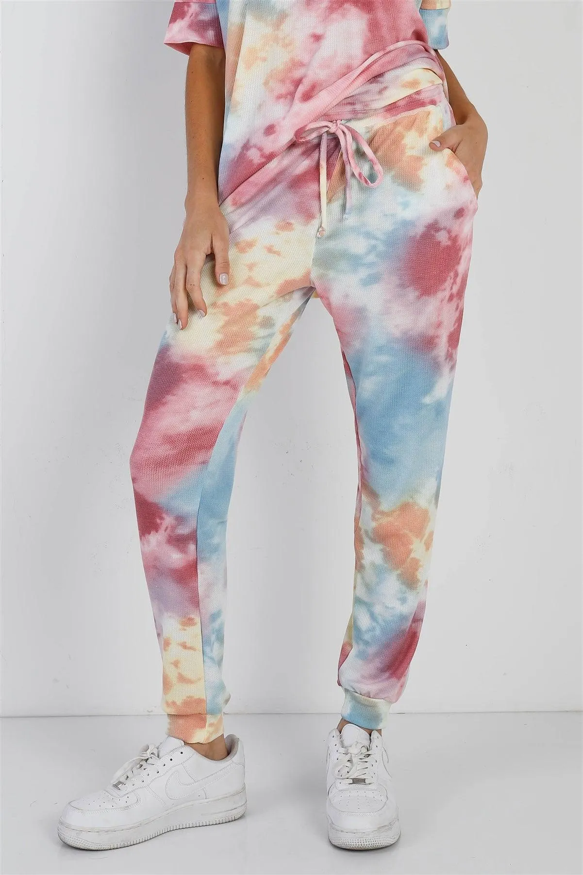 Multi Color Tie-Dye Waffle Knit Short Sleeve Top & Pants Set /1-1-1