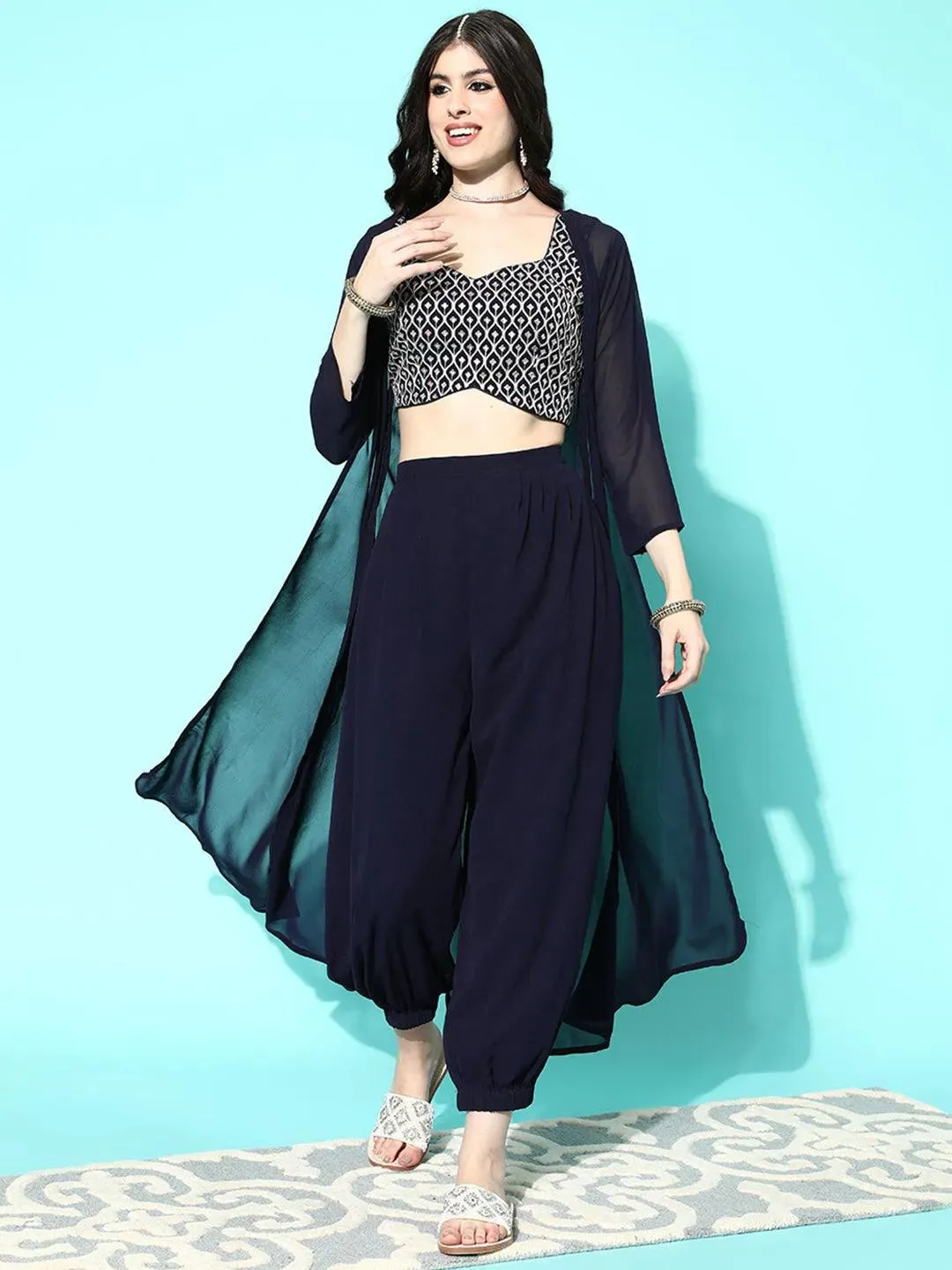 Navy Blue Embellished Georgette 3 Piece Co-Ords