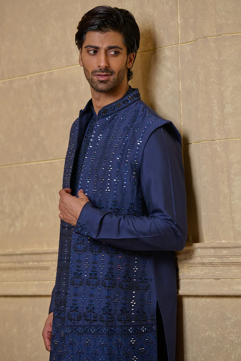 Navy Mirror Work Embroidered Kurta Bundi Set