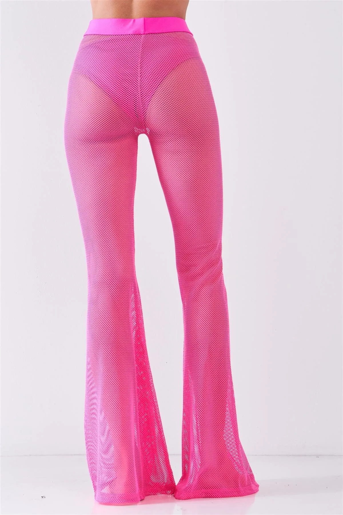 Neon Pink Sheer Tennis Net Mesh High Waist Bell Bottom Pants /2-2-2-2