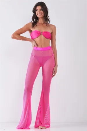 Neon Pink Sheer Tennis Net Mesh High Waist Bell Bottom Pants /2-2-2-2