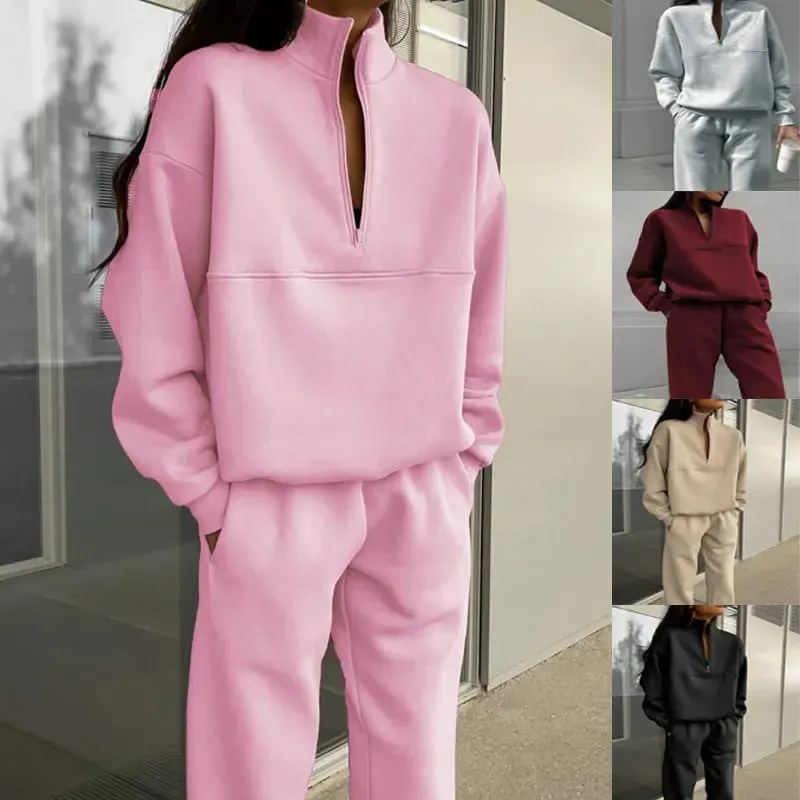 New autumn and winter fashion zipper lapel solid color casual two-piece suit