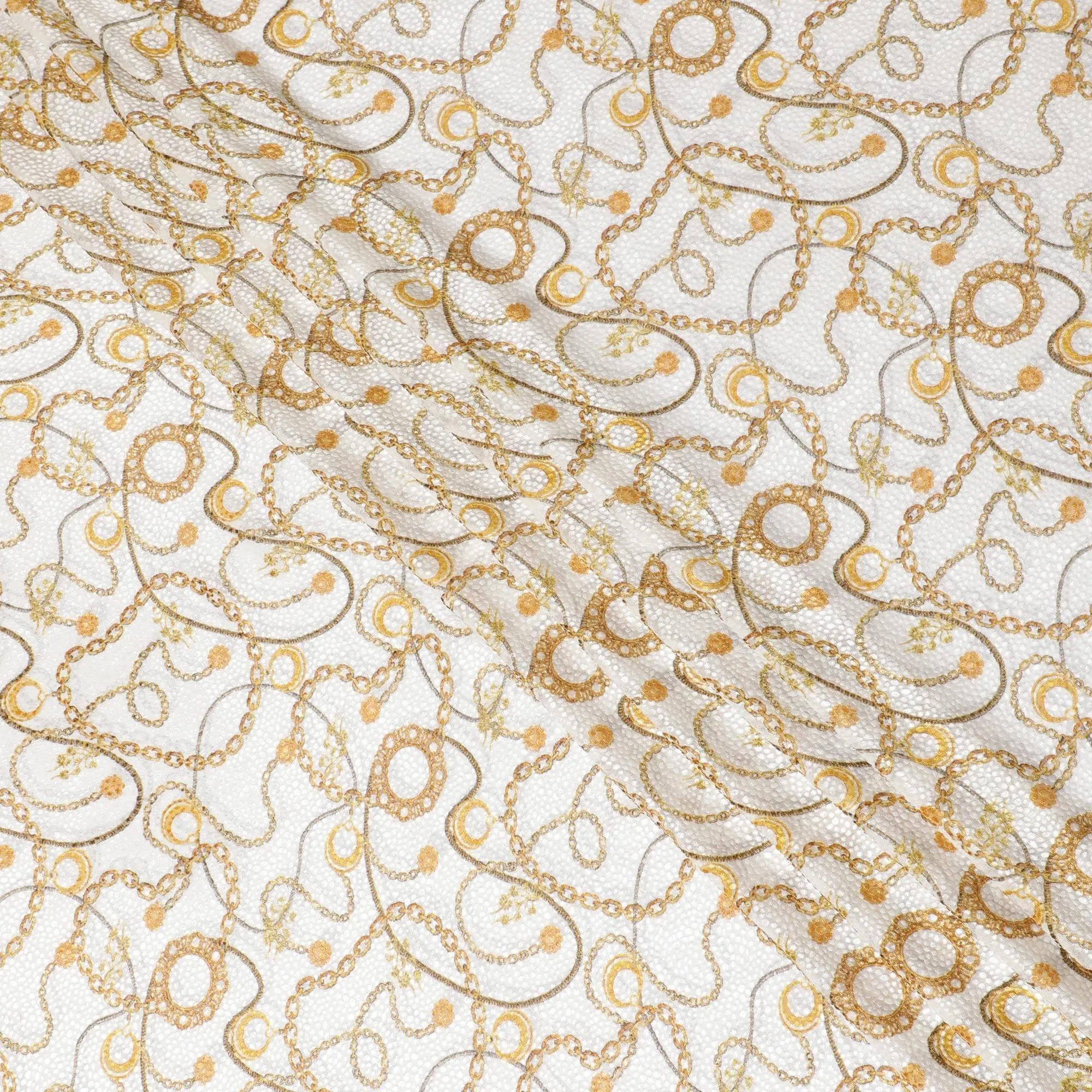 Off white Premium pure Italian silk blended burnout velvet fabric with mustard yellow print in fancy design-D13838