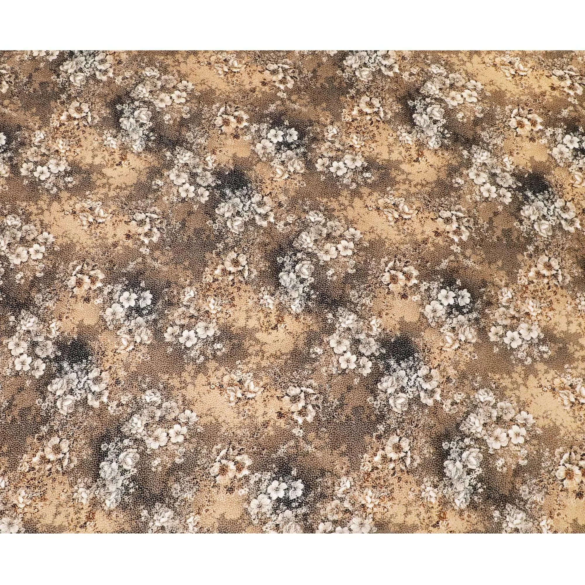 Olive brown Premium Italian silk chiffon dirac (makmal) fabric with beige and black print having velvet jacquard in floral design-D8700