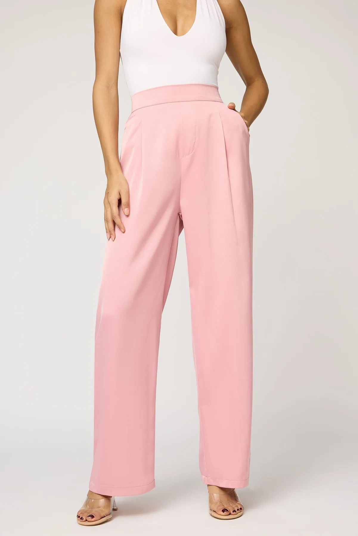 Pale Pink Satin Straight Korean Pants