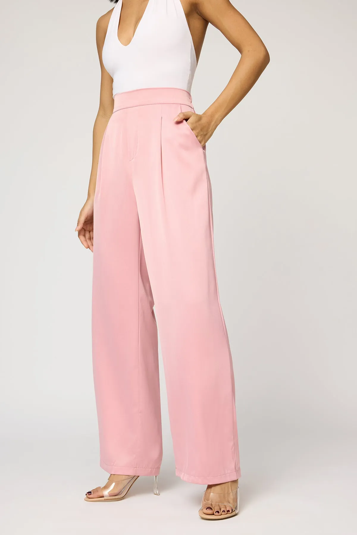 Pale Pink Satin Straight Korean Pants