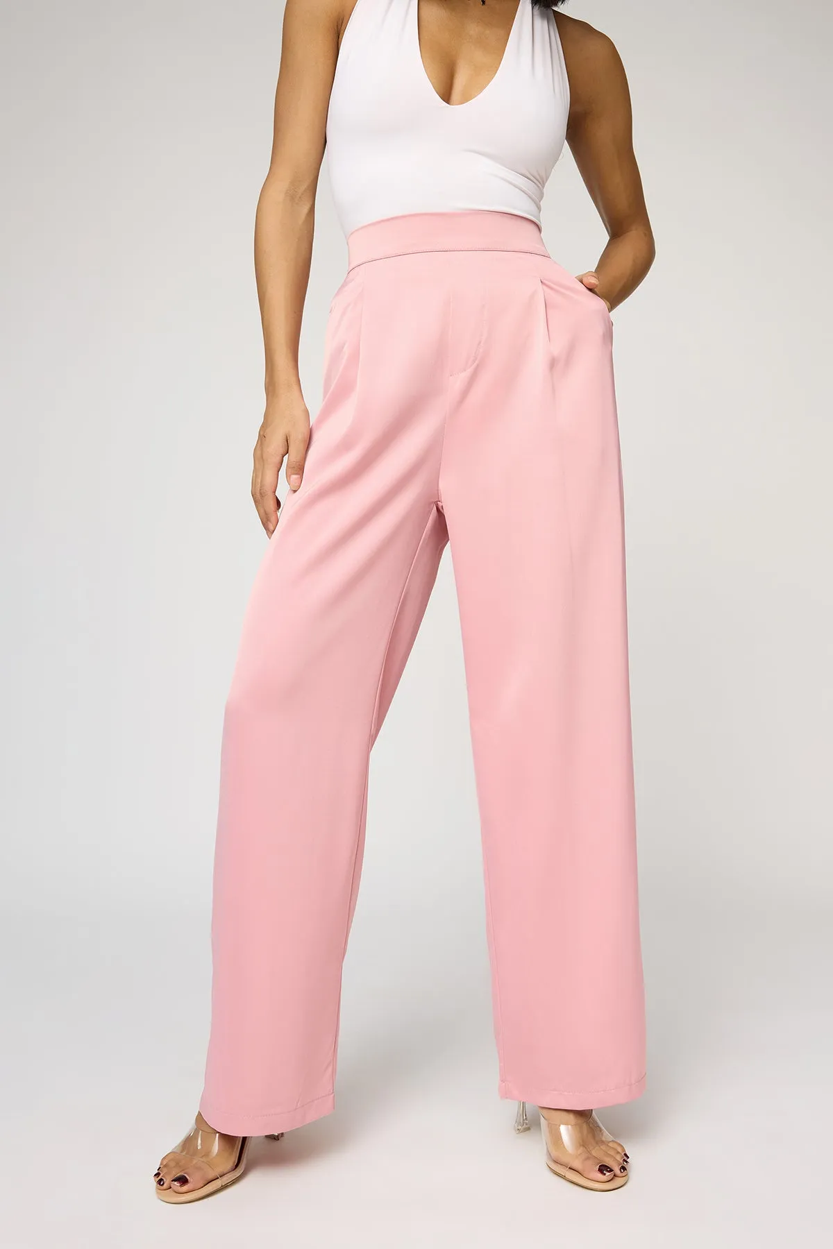 Pale Pink Satin Straight Korean Pants