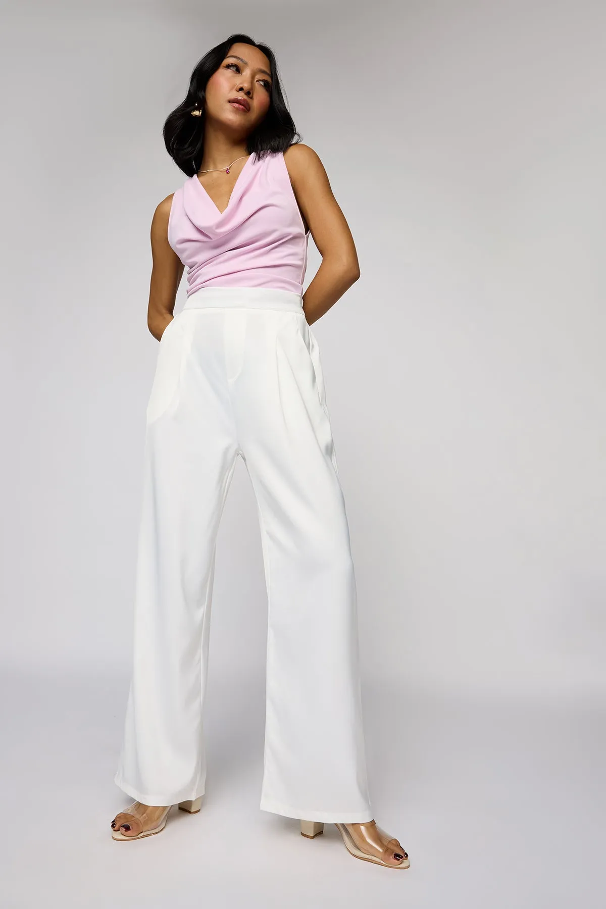 Polar White Satin Straight Korean Pants