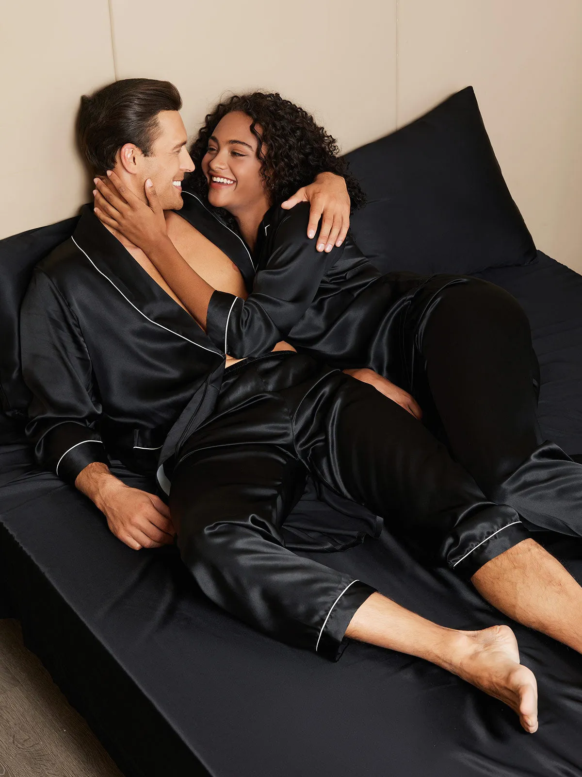 Pure Silk Couple Set - Men's Robe Pants & Women's Pajama Set