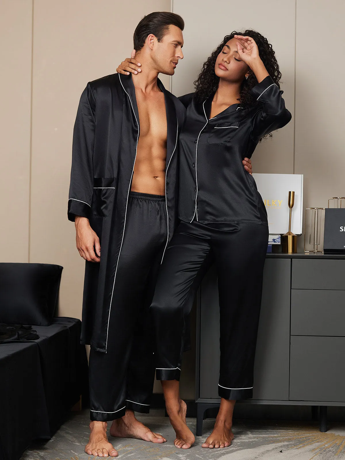 Pure Silk Couple Set - Men's Robe Pants & Women's Pajama Set