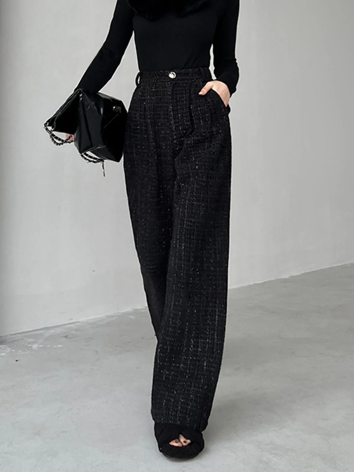 Sequined Tweed Pocket Trendy Straight Leg Pants