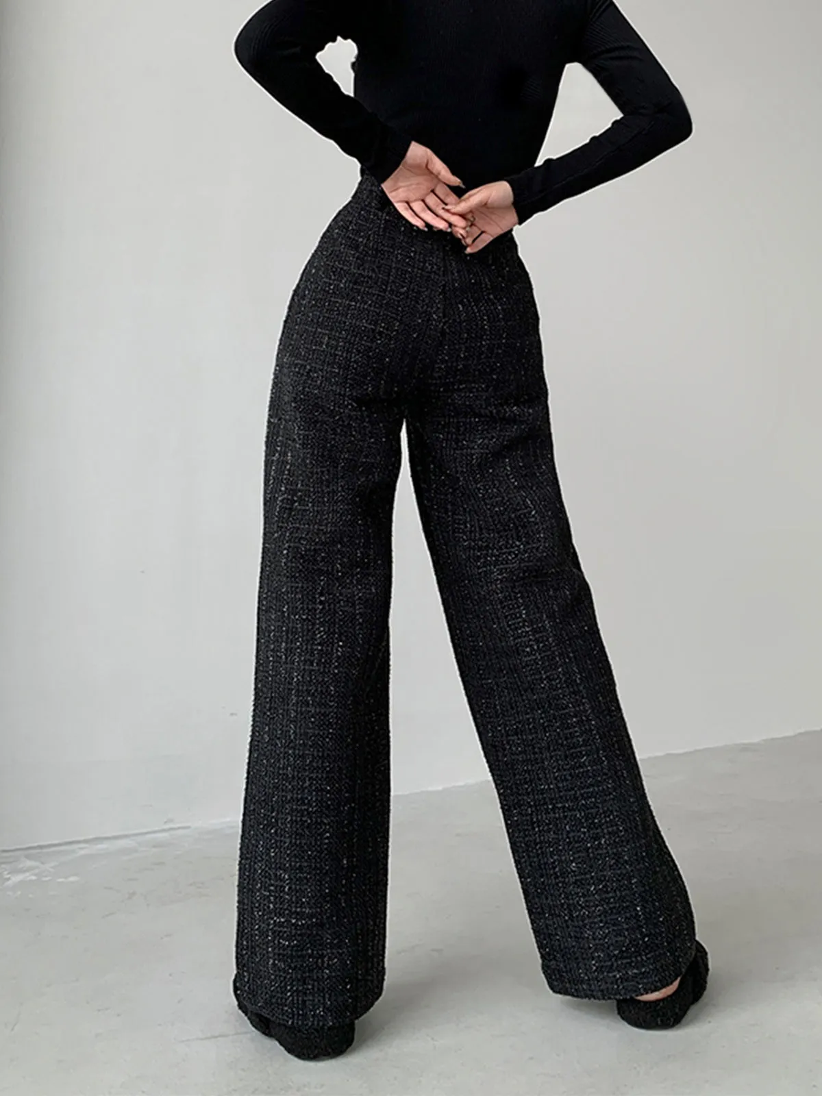 Sequined Tweed Pocket Trendy Straight Leg Pants