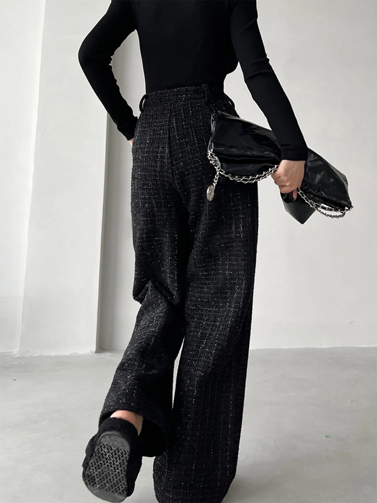 Sequined Tweed Pocket Trendy Straight Leg Pants