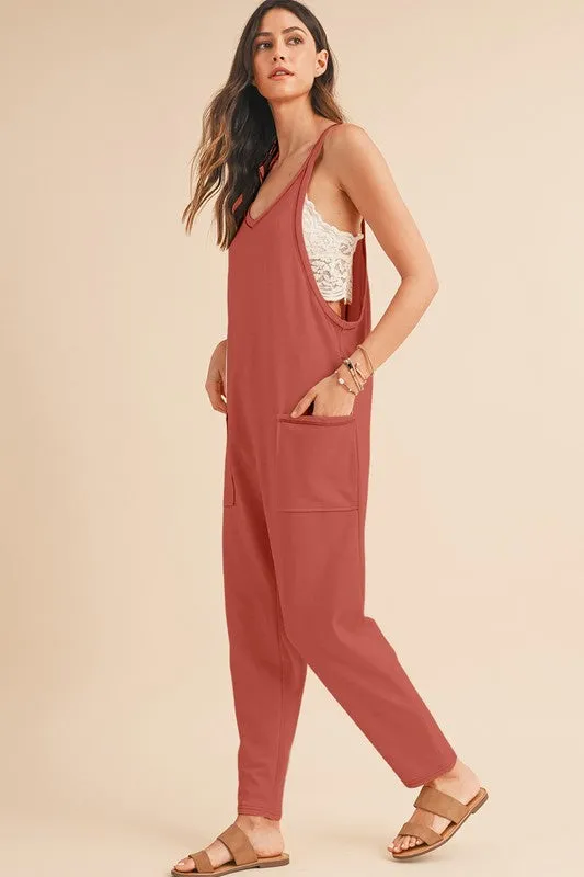 Side Pockets Pants Sleeveless V Neck Jumpsuit