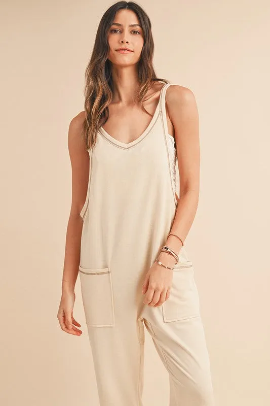 Side Pockets Pants Sleeveless V Neck Jumpsuit