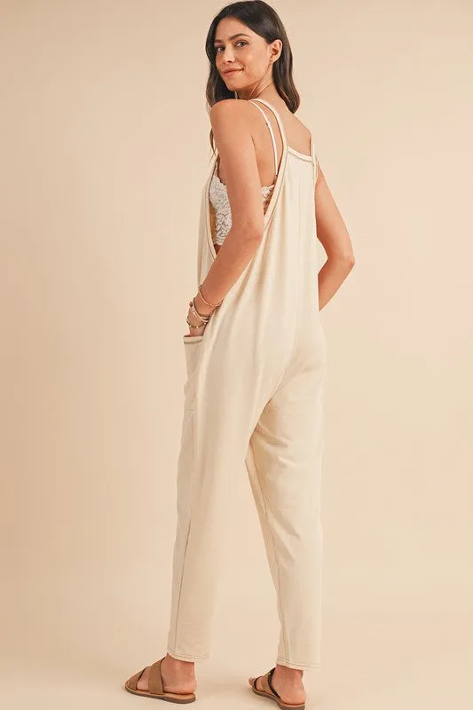 Side Pockets Pants Sleeveless V Neck Jumpsuit