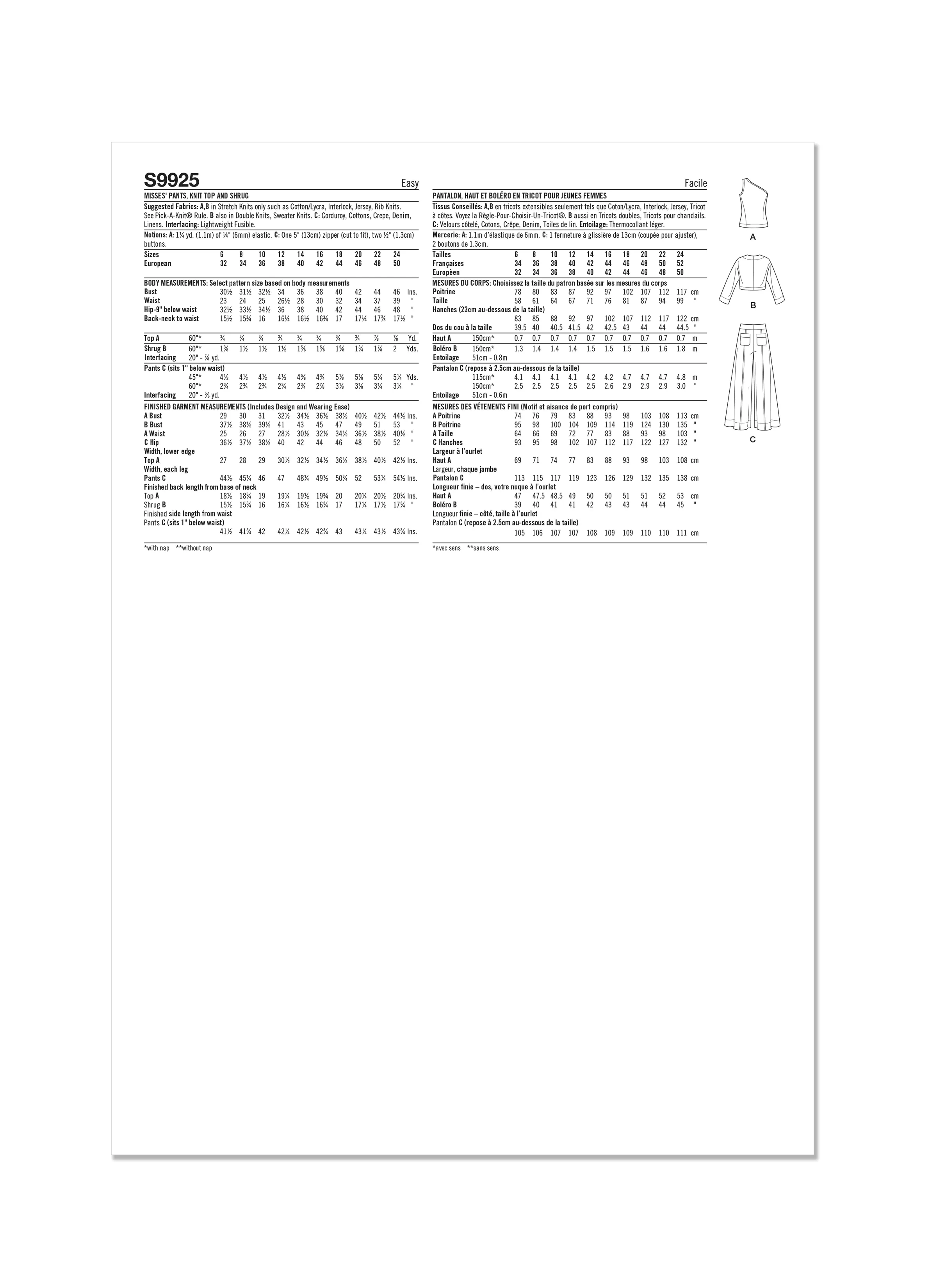 Simplicity Pattern 9925 Misses' Pants, Knit Shrug and Top