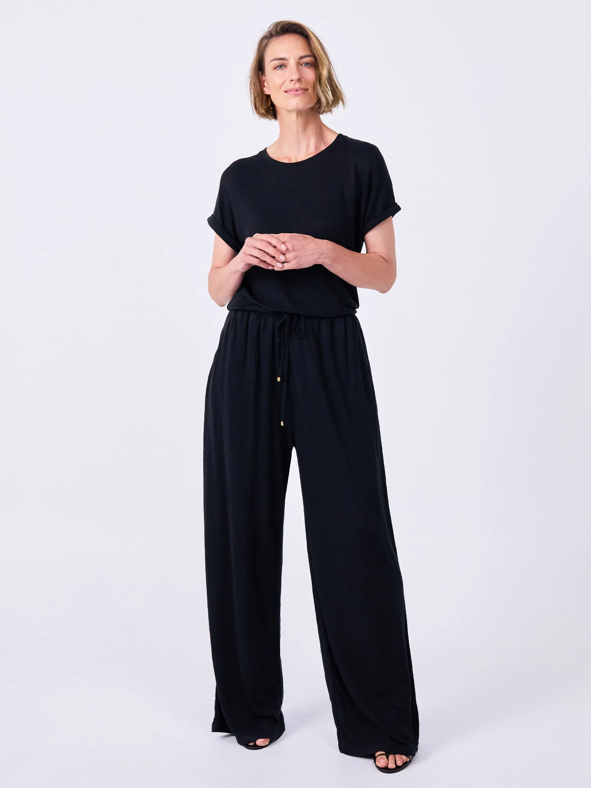 Slub Linen Wide Leg Pant - Black