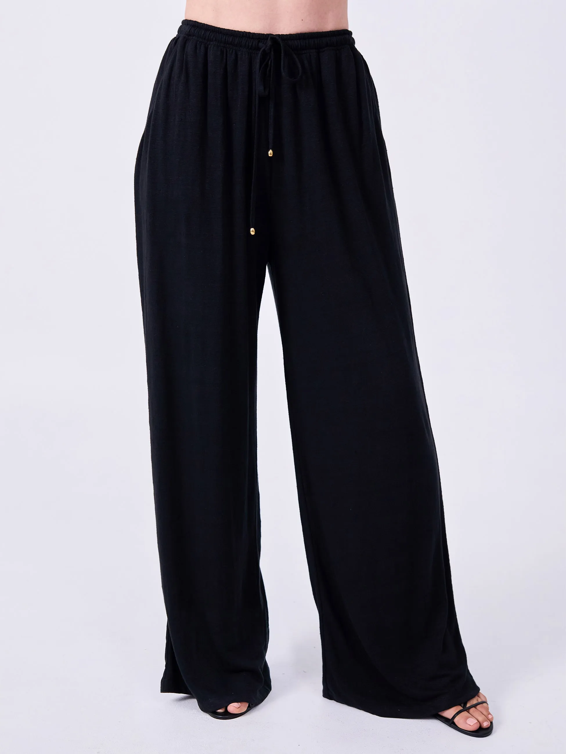 Slub Linen Wide Leg Pant - Black