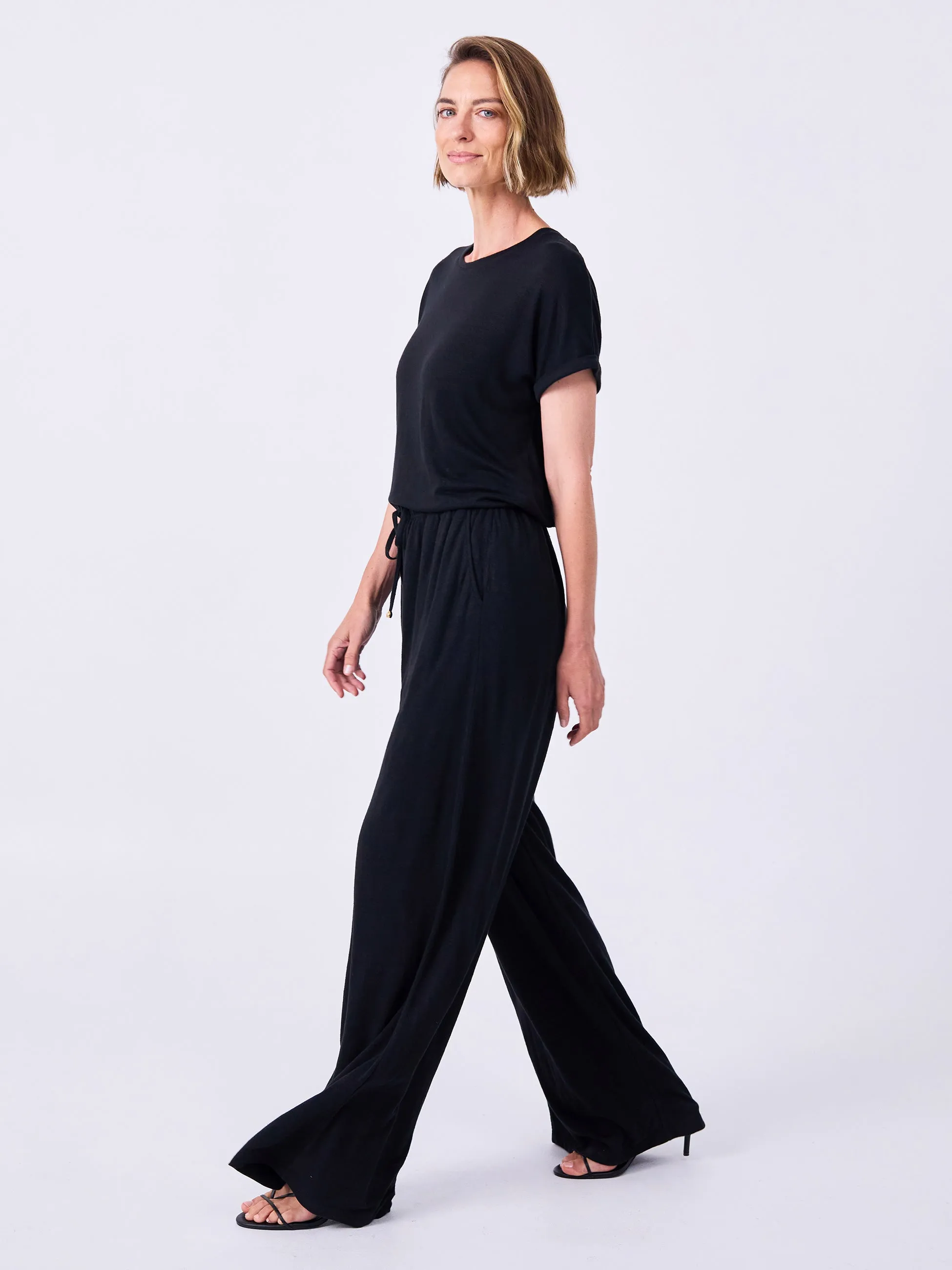 Slub Linen Wide Leg Pant - Black