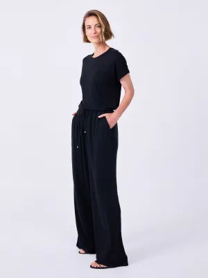 Slub Linen Wide Leg Pant - Black