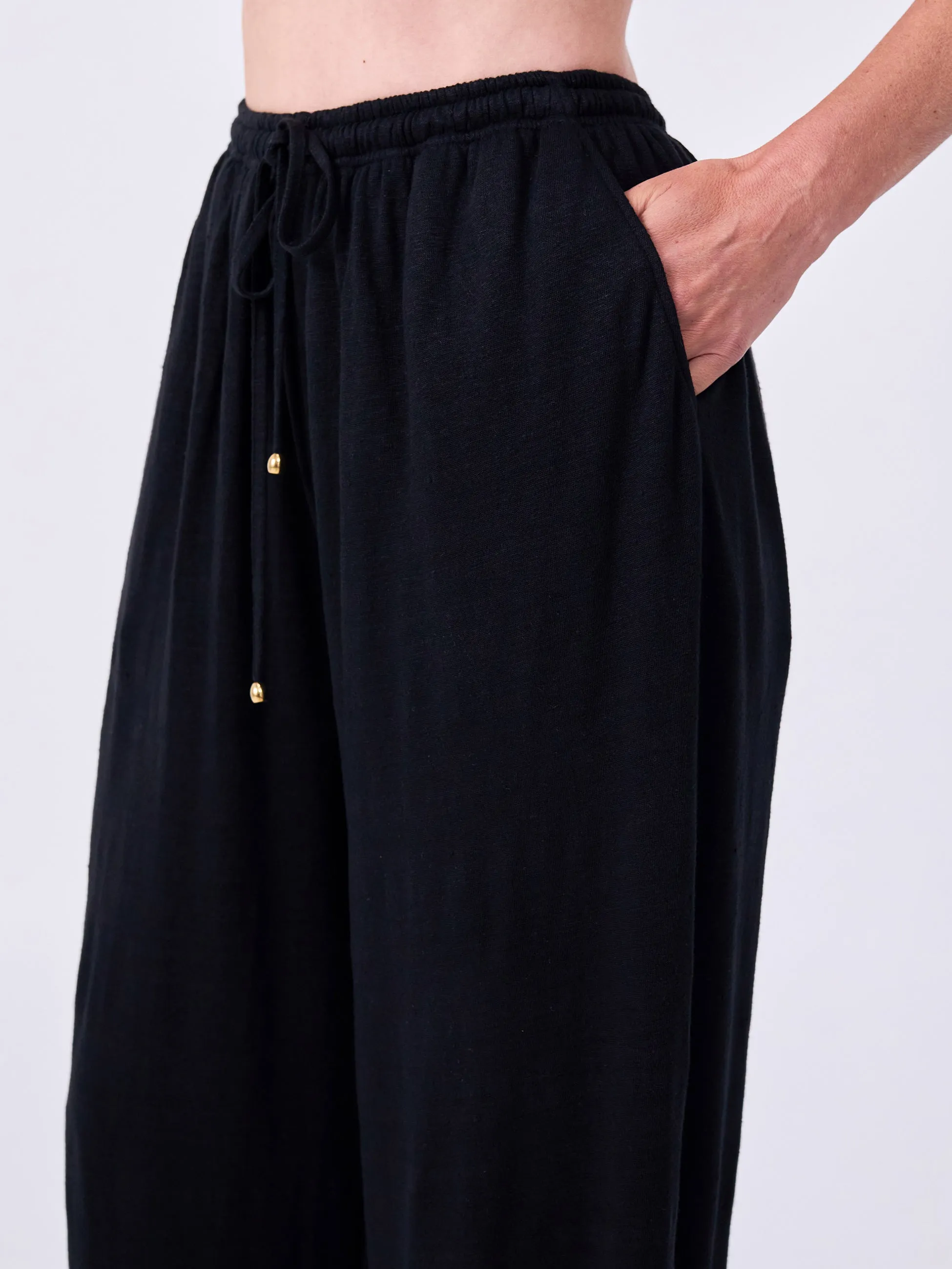 Slub Linen Wide Leg Pant - Black