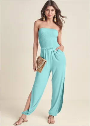 Smocked Side Slit Jumpsuit - Mint