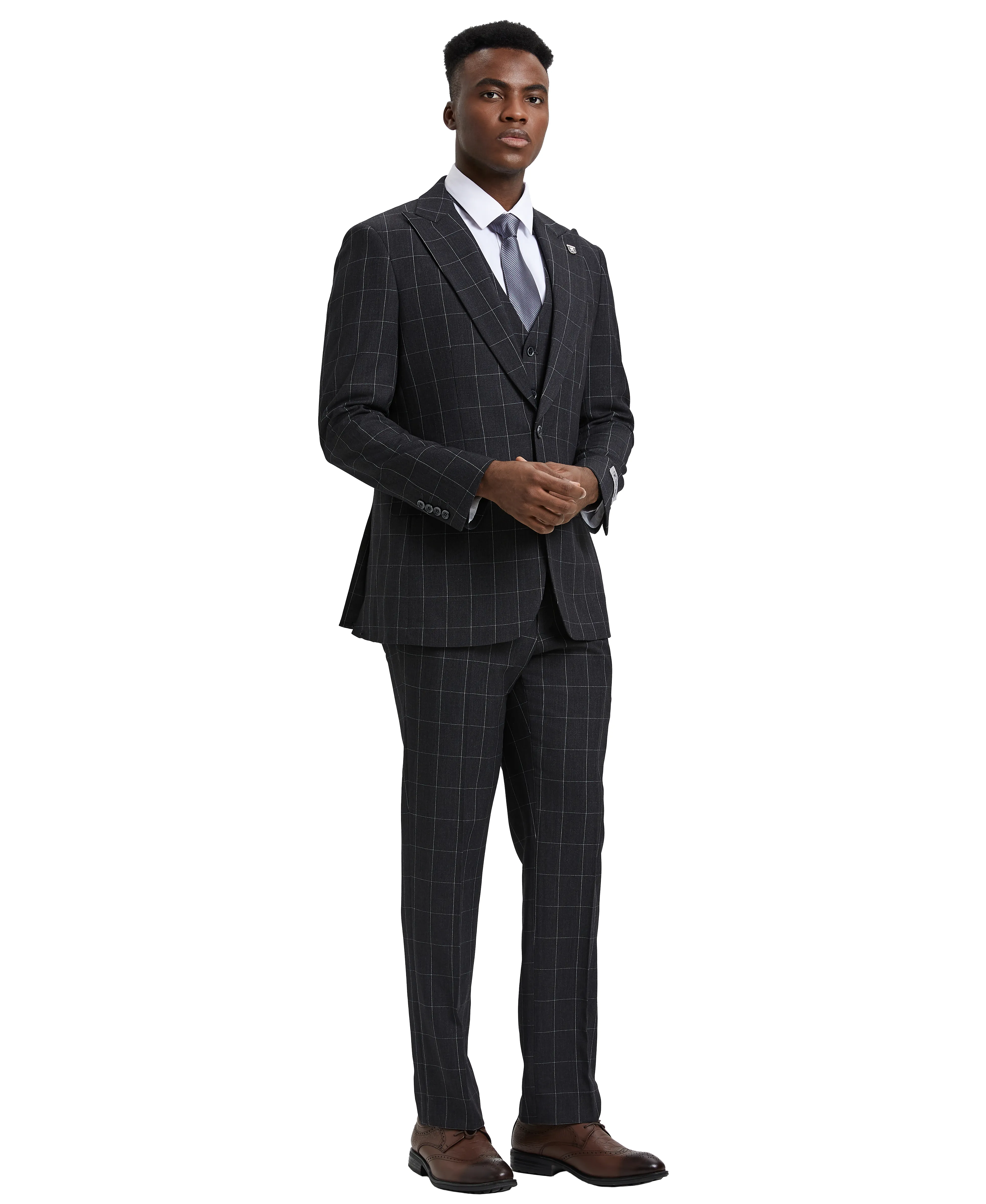 Stacy Adams Hybrid-Fit Vested Suit, Windowpane Black