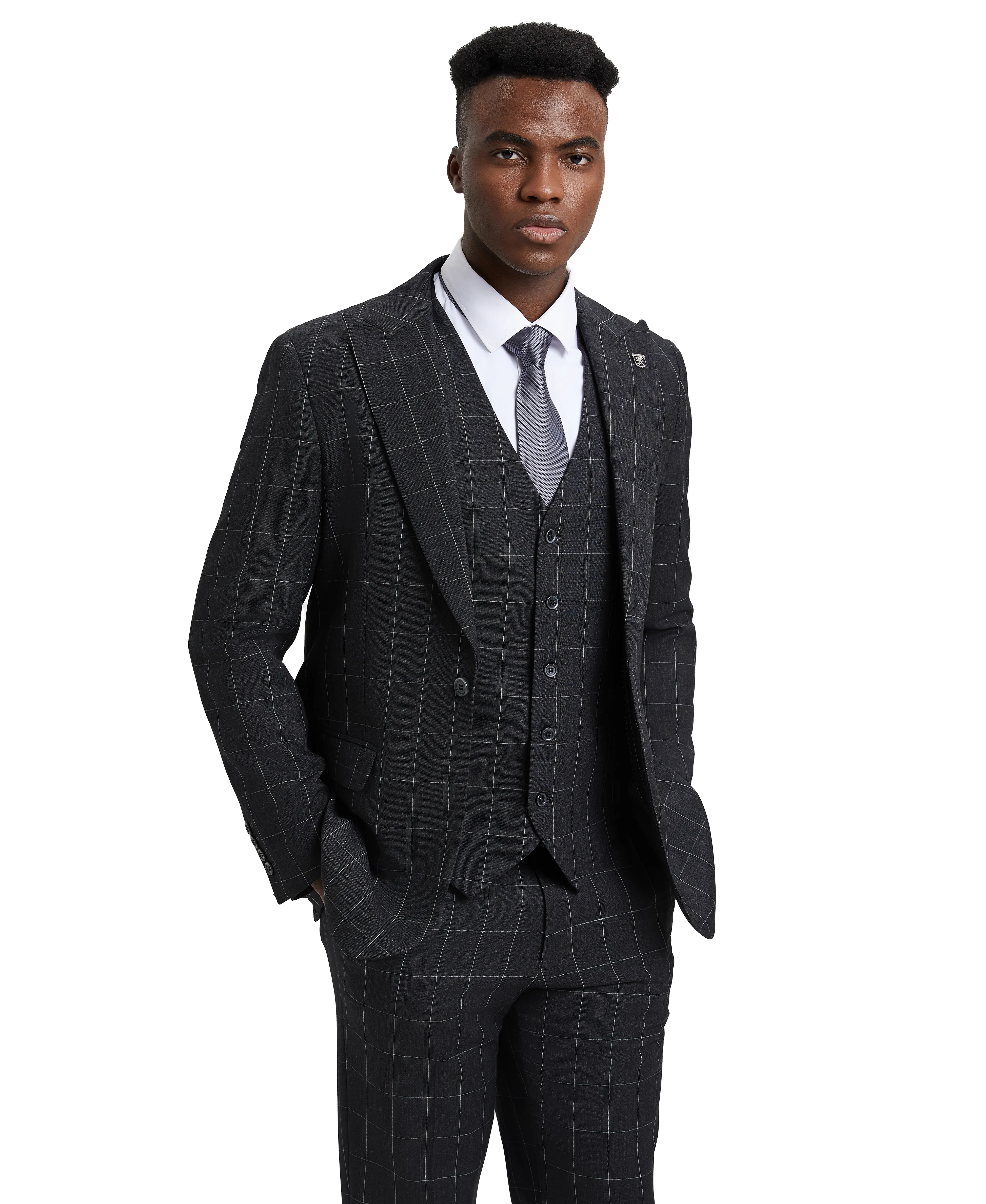 Stacy Adams Hybrid-Fit Vested Suit, Windowpane Black