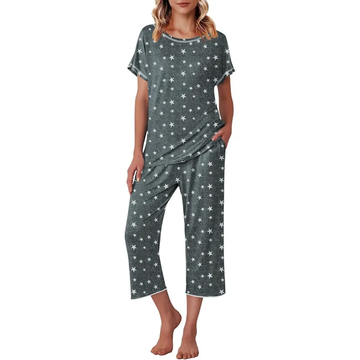 Star Print Capri Pajama Set With Short Sleeve Top