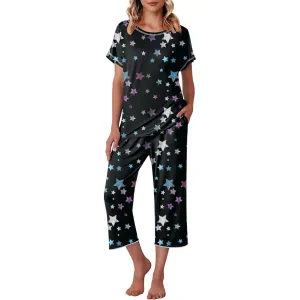 Star Print Capri Pajama Set With Short Sleeve Top