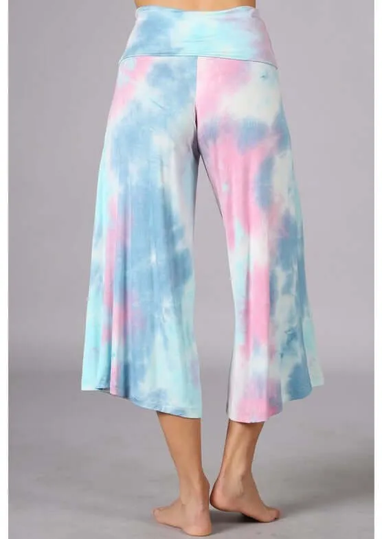 Summer Comfort Tie Dye Fold Over Waist Gaucho Pants Made in USA