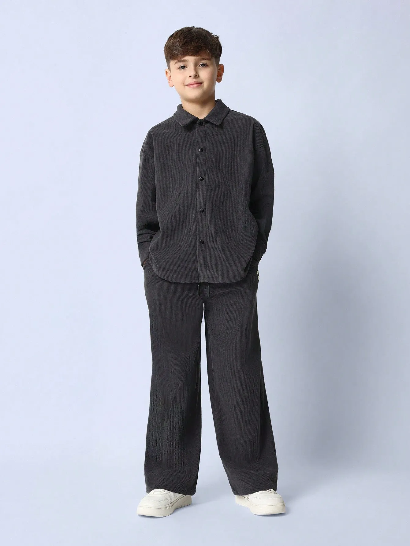 Tween Boys Comfy Corduroy Long Sleeve Shirt & Wide Leg Sweatpants 2 Piece Set