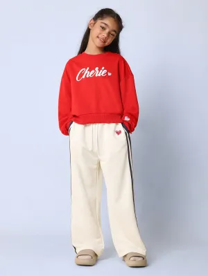 Tween Girls Comfy Regular Fit Cherie Graphic Print Sweatshirt And Wide Leg Pant With Side Stripe Panel 2 Piece Set