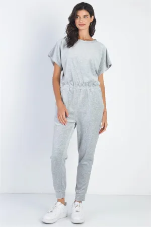 Velour Short Sleeve Two Pocket Elasticized Waist Jumpsuit