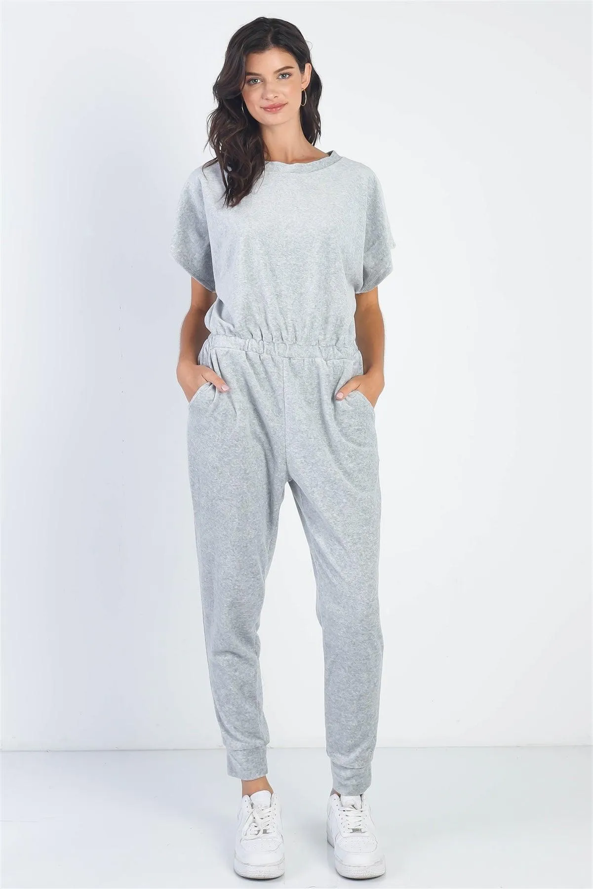 Velour Short Sleeve Two Pocket Elasticized Waist Jumpsuit