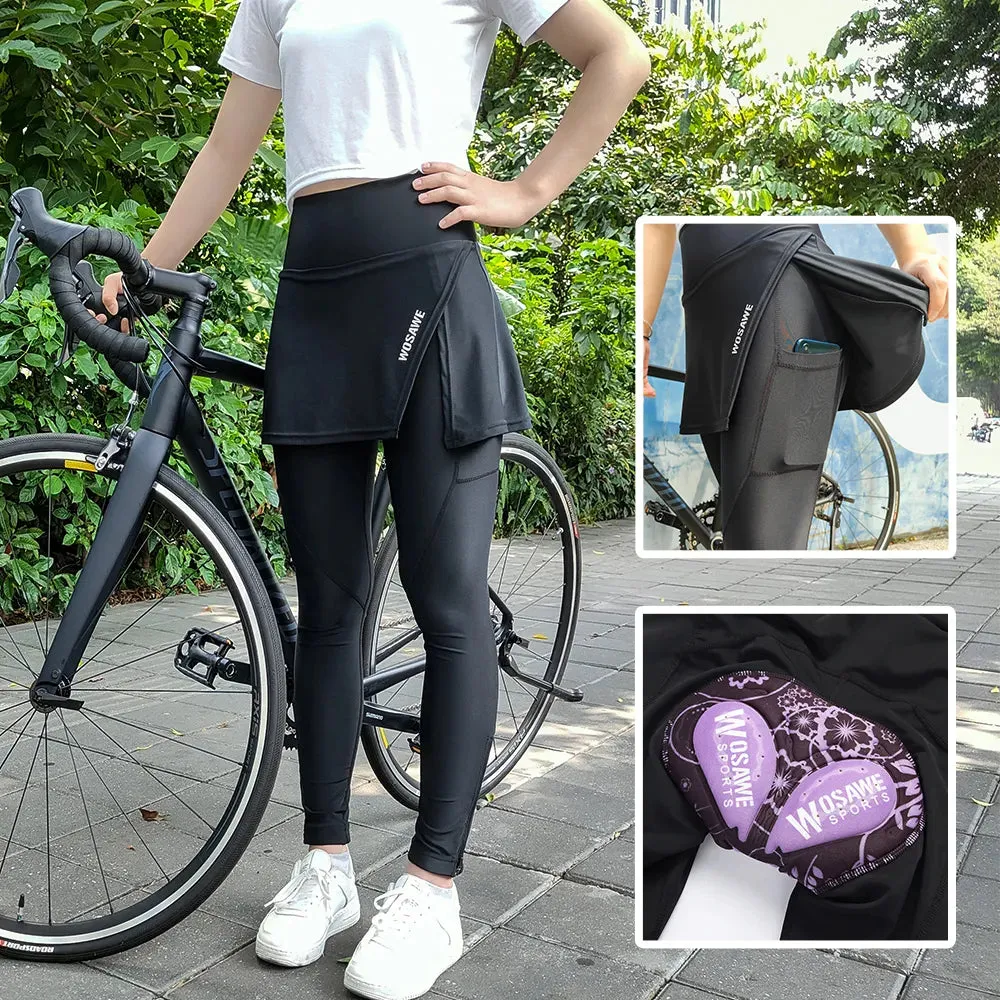 Women's Cycling Pants with skirt 3D Padded Breathable Reflective MTB Biking Tights Bicycle Long Leggings Sports Trousers