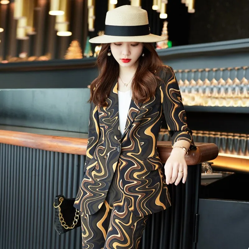 Yellow printing suit pants professional suit suit suit female spring and autumn temperament middle sleeve foreign style fashiona