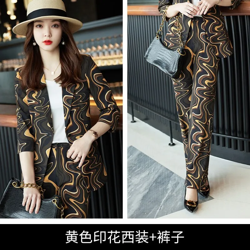 Yellow printing suit pants professional suit suit suit female spring and autumn temperament middle sleeve foreign style fashiona