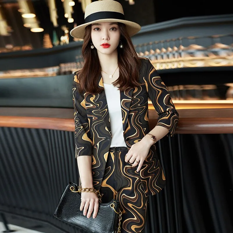 Yellow printing suit pants professional suit suit suit female spring and autumn temperament middle sleeve foreign style fashiona